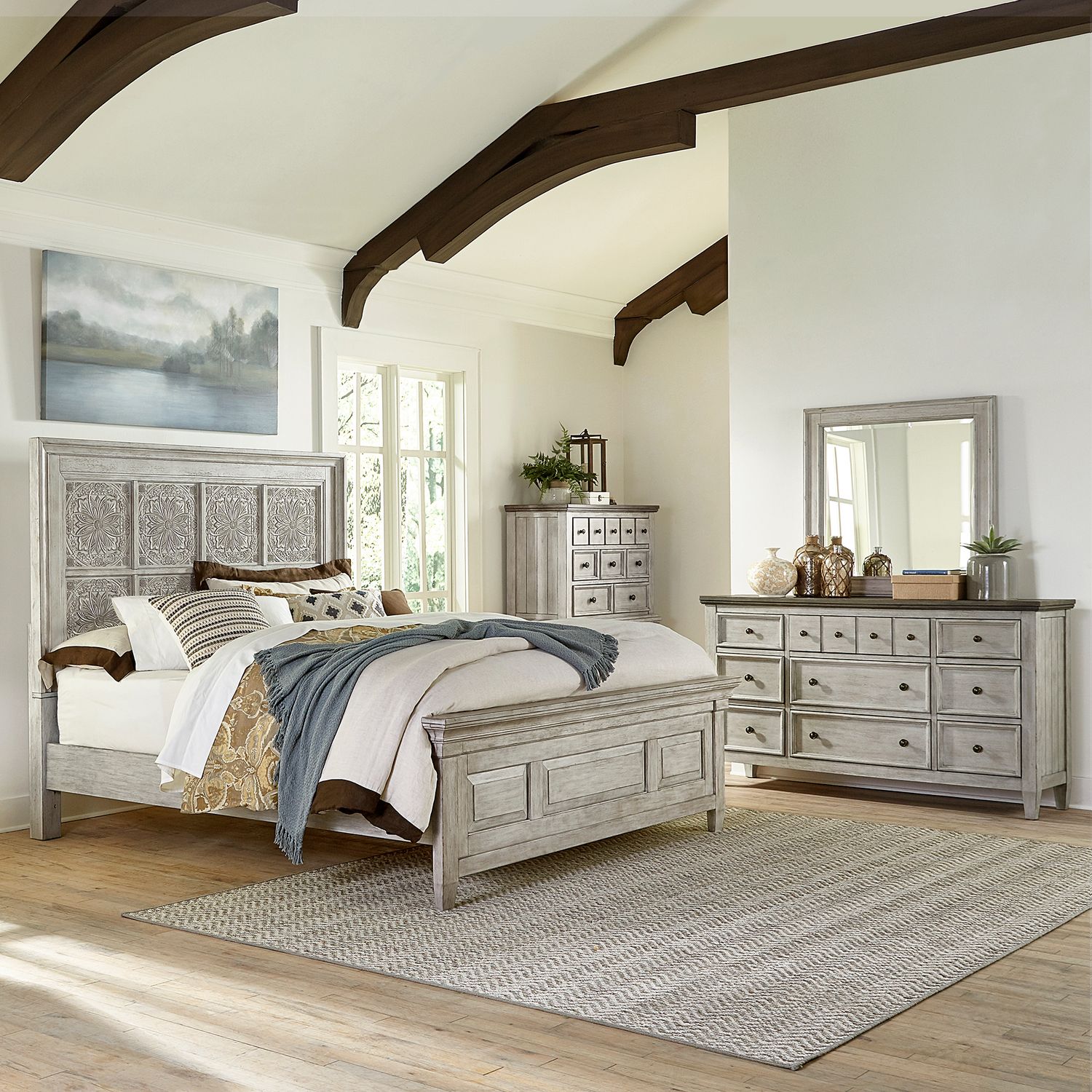 Heartland King Opt California Panel Bed, Dresser & Mirror, Chest 824BROCPBDMC